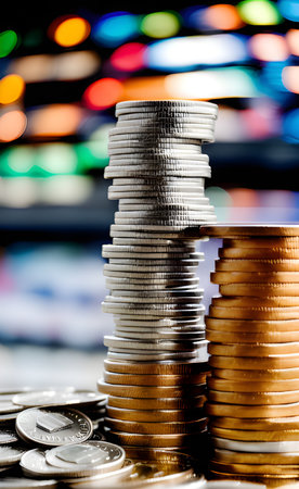 stack of coins and money on a black backgroundの素材