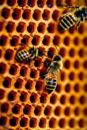 close up of a bee on a honeycombの素材