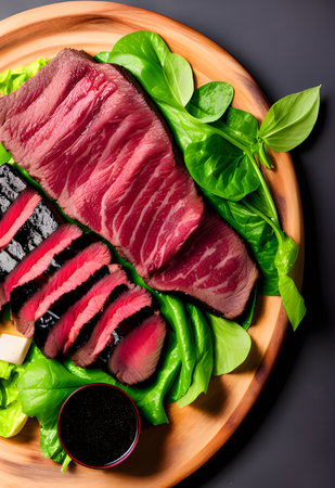 raw beef steak with vegetables and spices on wooden boardの素材