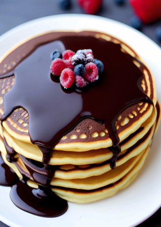 pancakes with blueberries and raspberries on a plateの素材