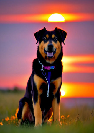 cute dog and sunset in gardenの素材