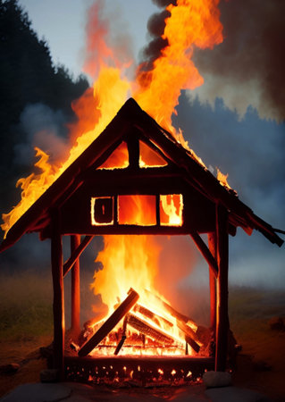 fireplace with fire and burning firewoodの素材
