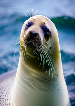 close up of a white sea lionの素材