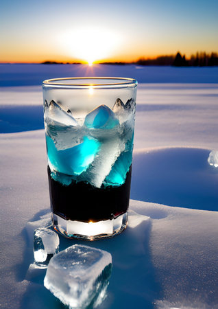 glass of water with ice cubes on blue backgroundの素材