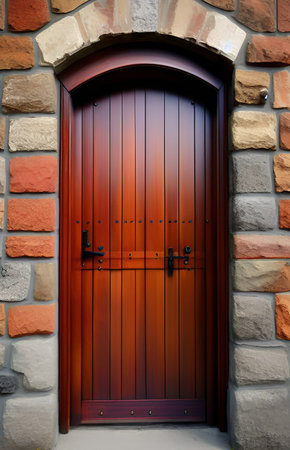 old wooden door with a red handleの素材