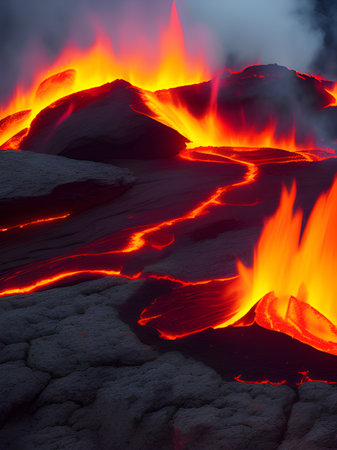 fire flames on the background of the fireplace. lava on vocanoの素材