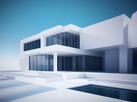 3d rendering of a modern building with blue sky backgroundの素材