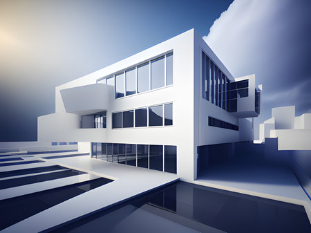 3d rendering of a modern building with blue sky backgroundの素材