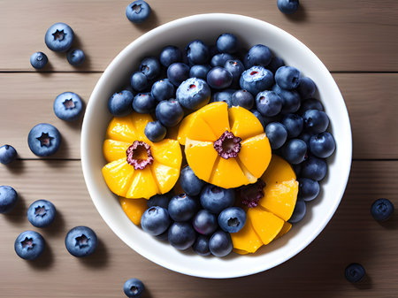 Fresh blueberry and pineapple on white dishの素材