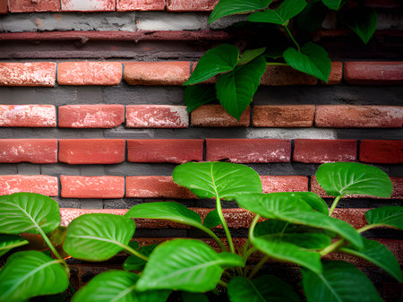 green ivy on brick wall backgroundの素材