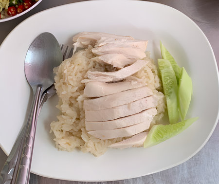 close up view of delicious asian cuisine, steamed rice topped with chickenの写真素材