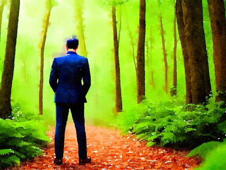 color of man in a suit with a backpack on the background of the forestの写真素材