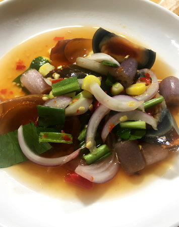 close up a black eggs salad , Thai foodの写真素材