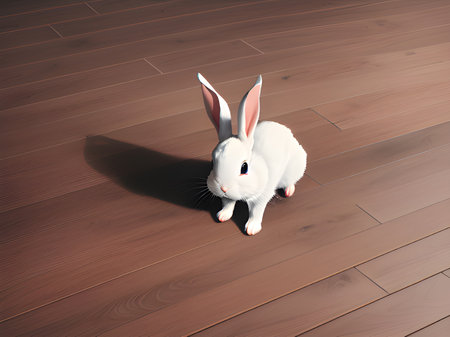 close up cute rabbit with wooden floorの素材