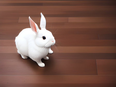 close up cute rabbit with wooden floorの素材