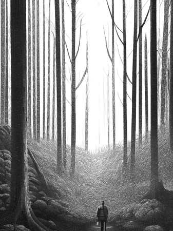 black and white of man in the forestの写真素材