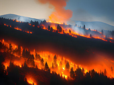 beautiful landscape with fire burning mountains and forestの素材