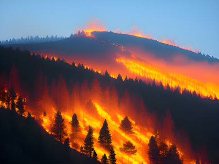 fire flames on the background of the forest.の素材