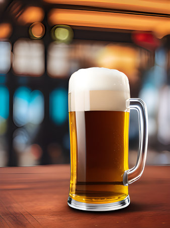 mug of beer in a glass on a background of the blurred of a wooden barrel. selective focusの素材