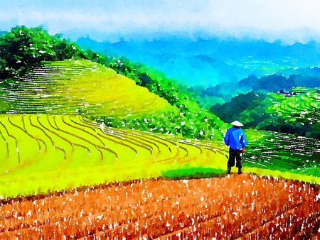 farmer's hand drawn illustration of a man in a field, watercolor styleの写真素材