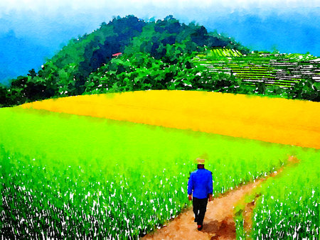 farmer's hand drawn illustration of a man in a field, watercolor styleの写真素材