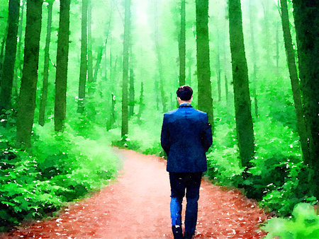 art color of man in the forest , watercolor styleの写真素材