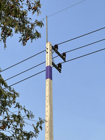 electricity tower on background of blue skyの写真素材