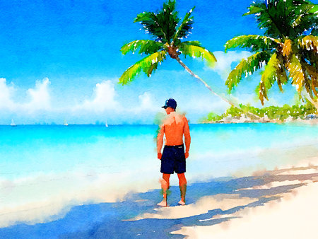 art color of man on the beach , watercolor styleの写真素材