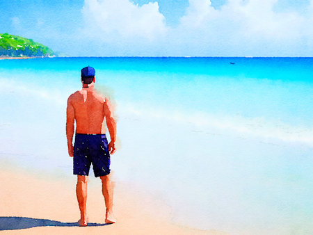 art color of man on the beach , watercolor styleの写真素材
