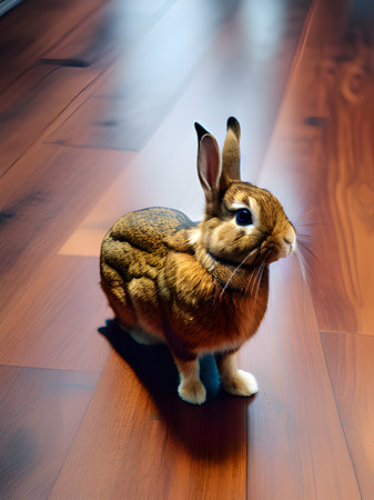 rabbit on wooden floor, closeupの素材
