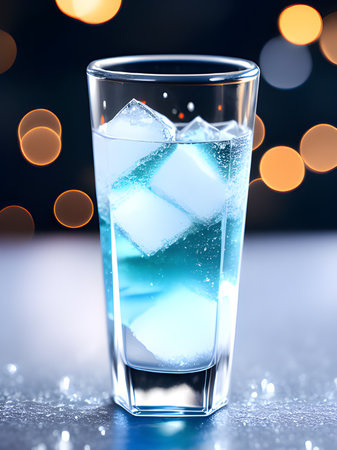 glass of water with ice cubes on a bokeh backgroundの素材