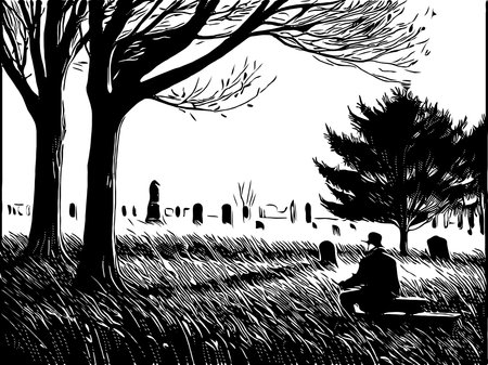black and white of man in graveyard backgroundの写真素材