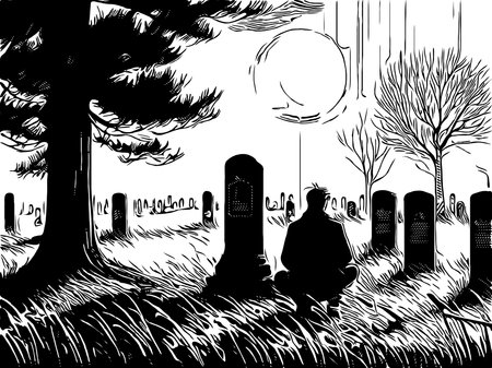 black and white of man in graveyard backgroundの写真素材