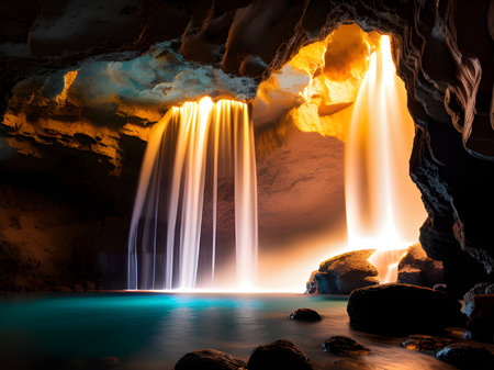 beautiful waterfall at sunset. travel and nature conceptの素材