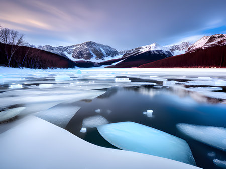 Ice melting in a lake and snow-capped mountains. Global warming.の素材
