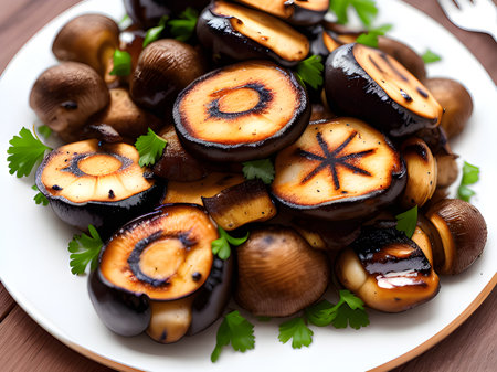 close up mushroom grilled on white dishの素材