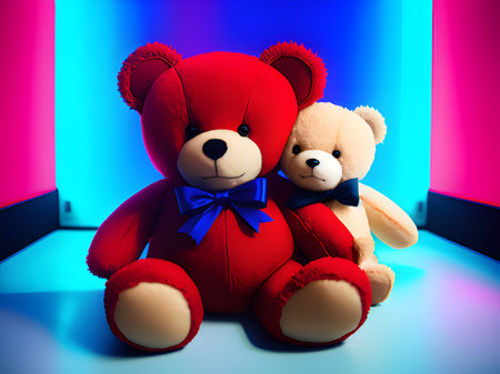 cute teddy bear on red and blue backgroundの素材