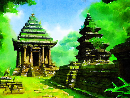 the old temple in the forest , watercolor styleの写真素材