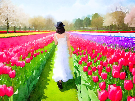 art color of woman in flower gardenの写真素材