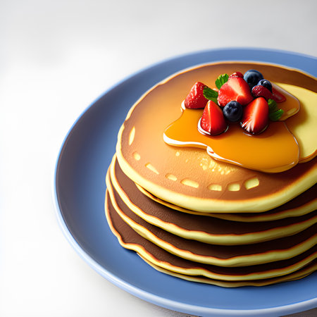 pancakes with fresh berries and honey.の素材