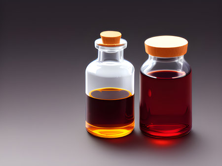 red medical bottle of brown liquid or red liquid on gray backgroundの素材
