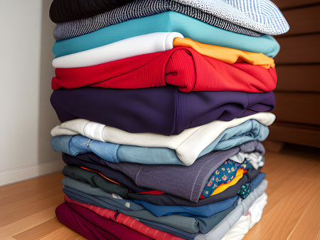 Pile of clothes on tableの素材