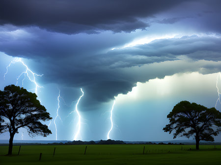 a beautiful scenery of a beautiful landscape with a tree, the perfect sky and a dark cloudsの素材
