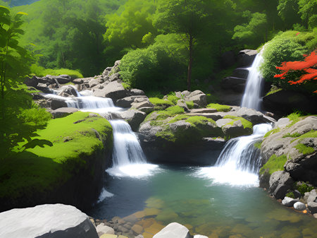 beautiful view of the nature waterfall in the mountainsの素材