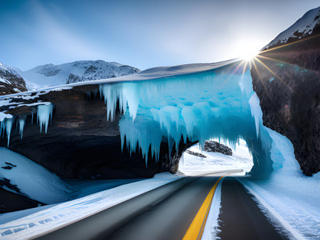 a beautiful view of a snowy mountain road in the mountainsの素材