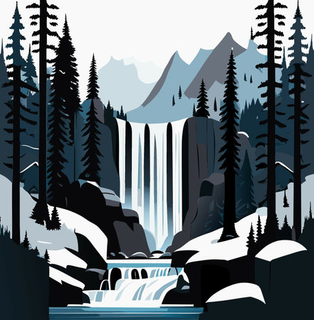 winter landscape, mountain river, forest, and mountains with snow.の写真素材