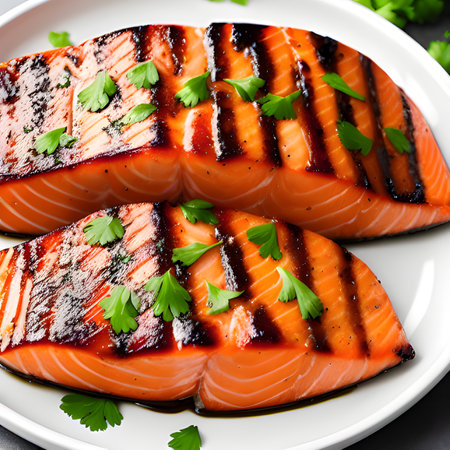 fresh salmon steak with vegetables and herbs. white plateの素材