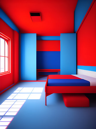 3d illustration of a blue and red interior of a roomの素材