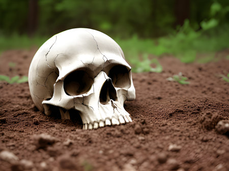 human skull on the groundの素材