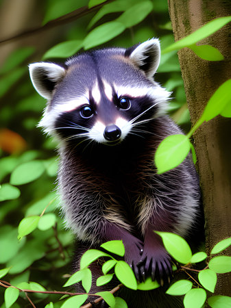 close up raccoon on the treeの素材